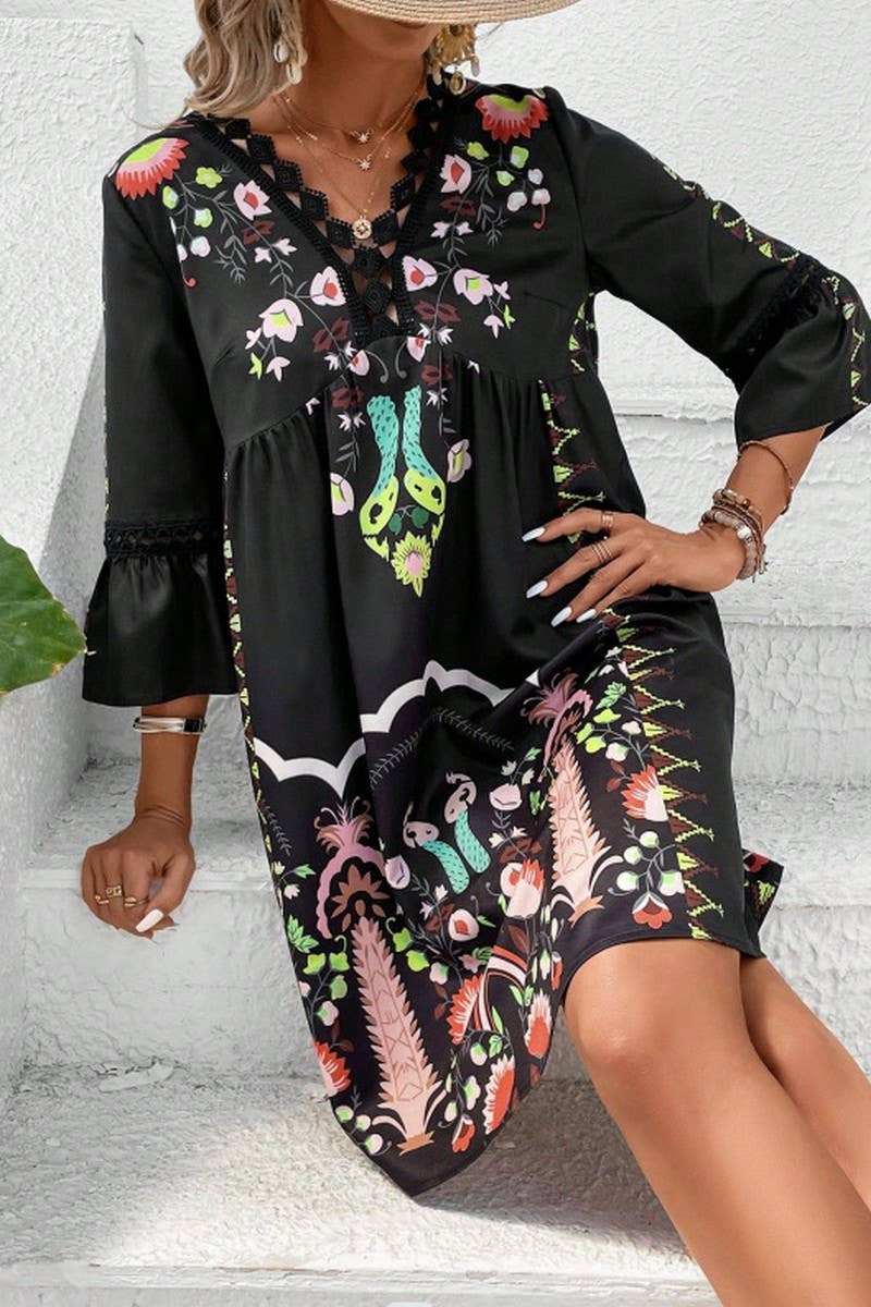 CWDMD4946_SUMMER V-NECK LACE PATCHWORK CASUAL PRINT DRESS