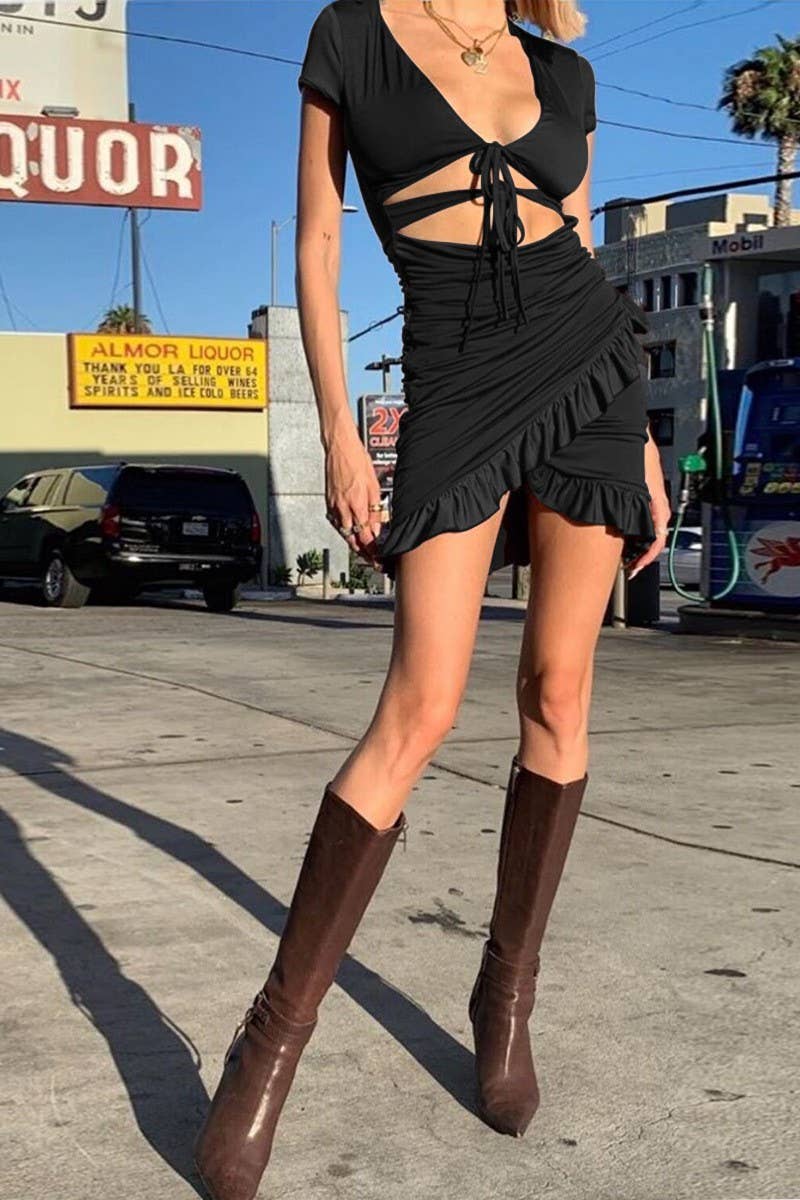 CWDSD10766_DEEP V CUTOUT RUFFLE BODYCON SEXY DRESS