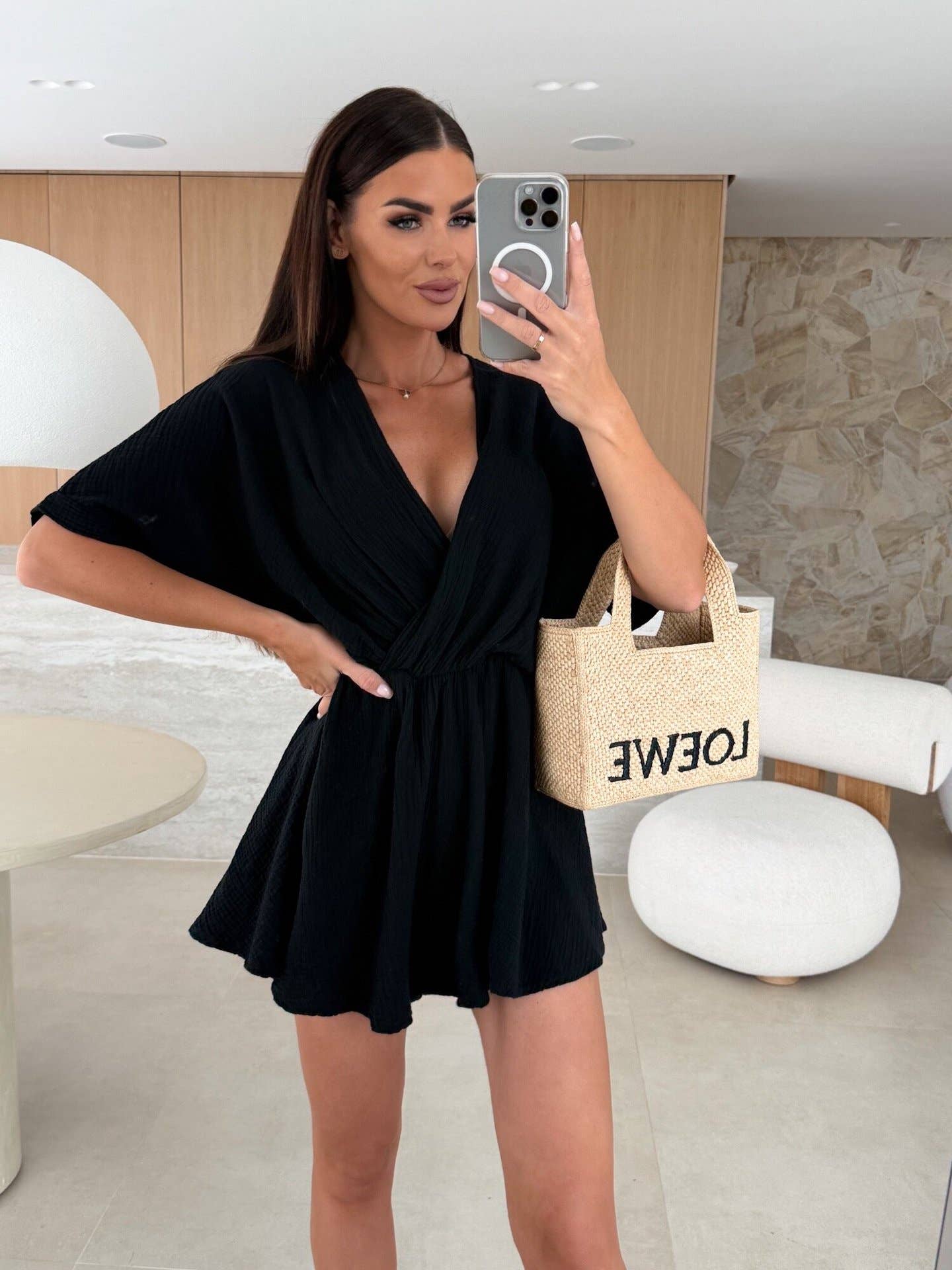 V-neck fashion cinche-waist solid color jumpsuit