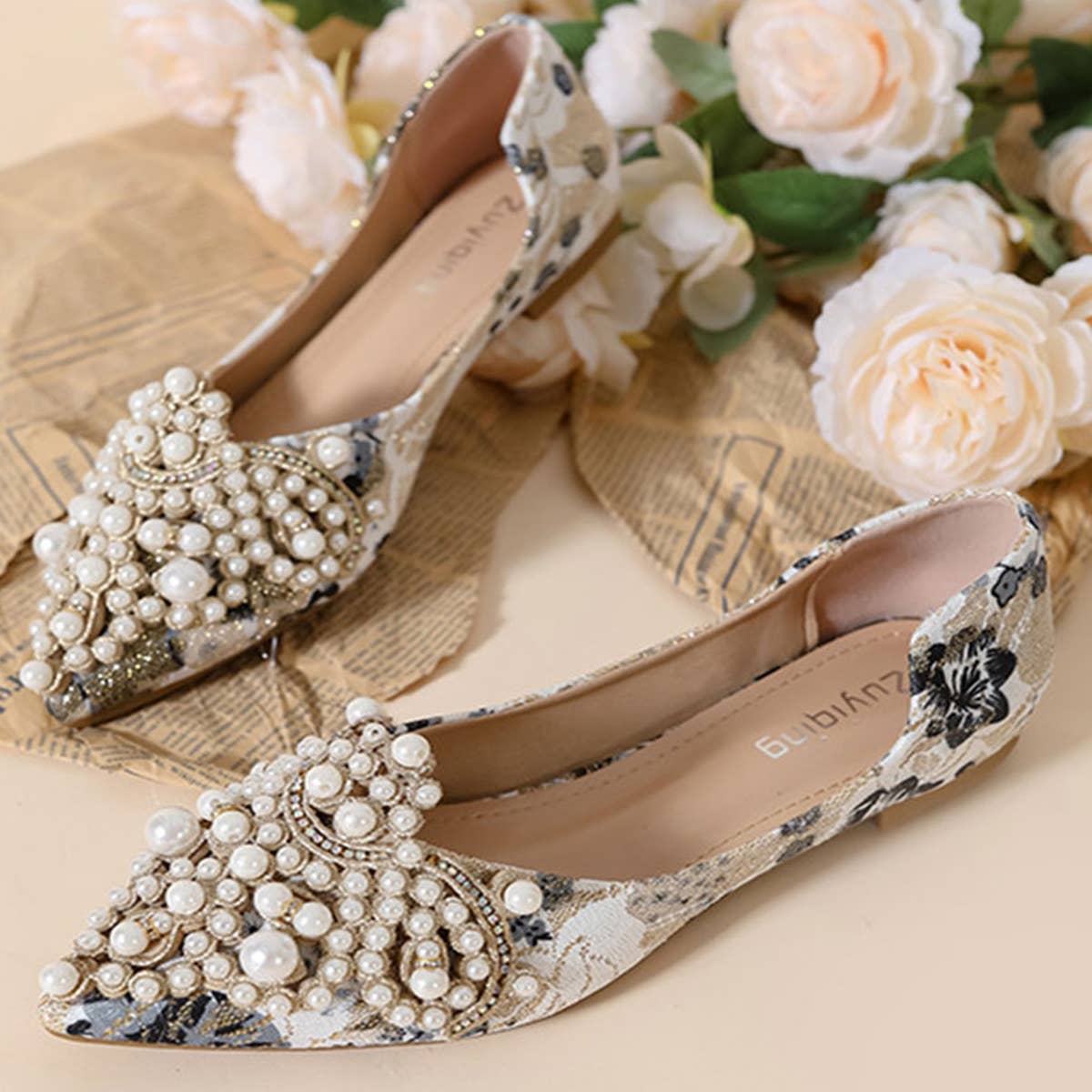 FAUX PEARL FLORAL PRINT DECOR FLAT SHOES FOR WOMAN