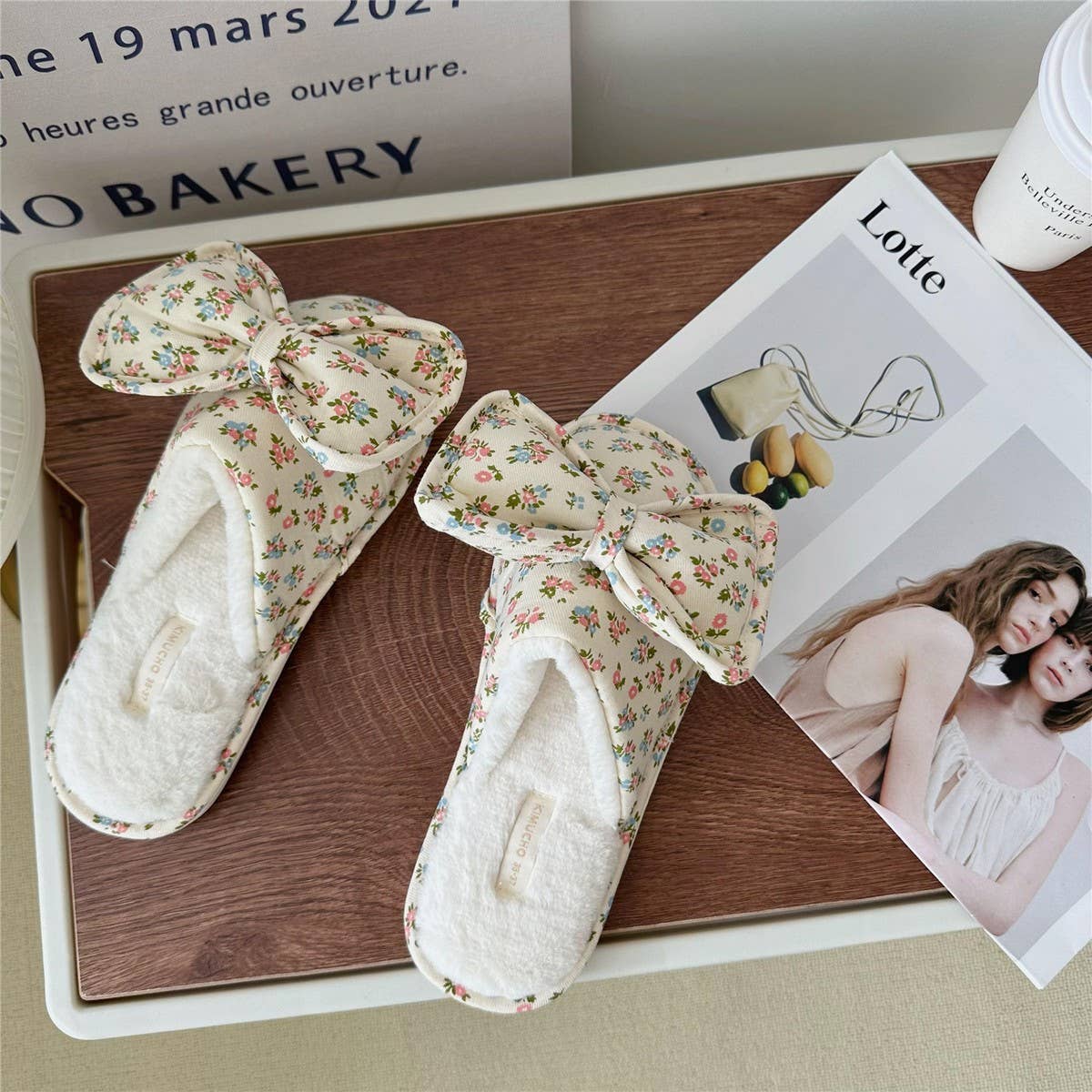 WOMEN'S BOWKNOT FLORAL PLUSH HOME SLIPPERS