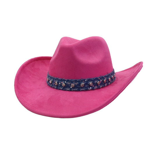 Unisex Suede Cowboy Hat with Leather Belt Detail_CWAH04494