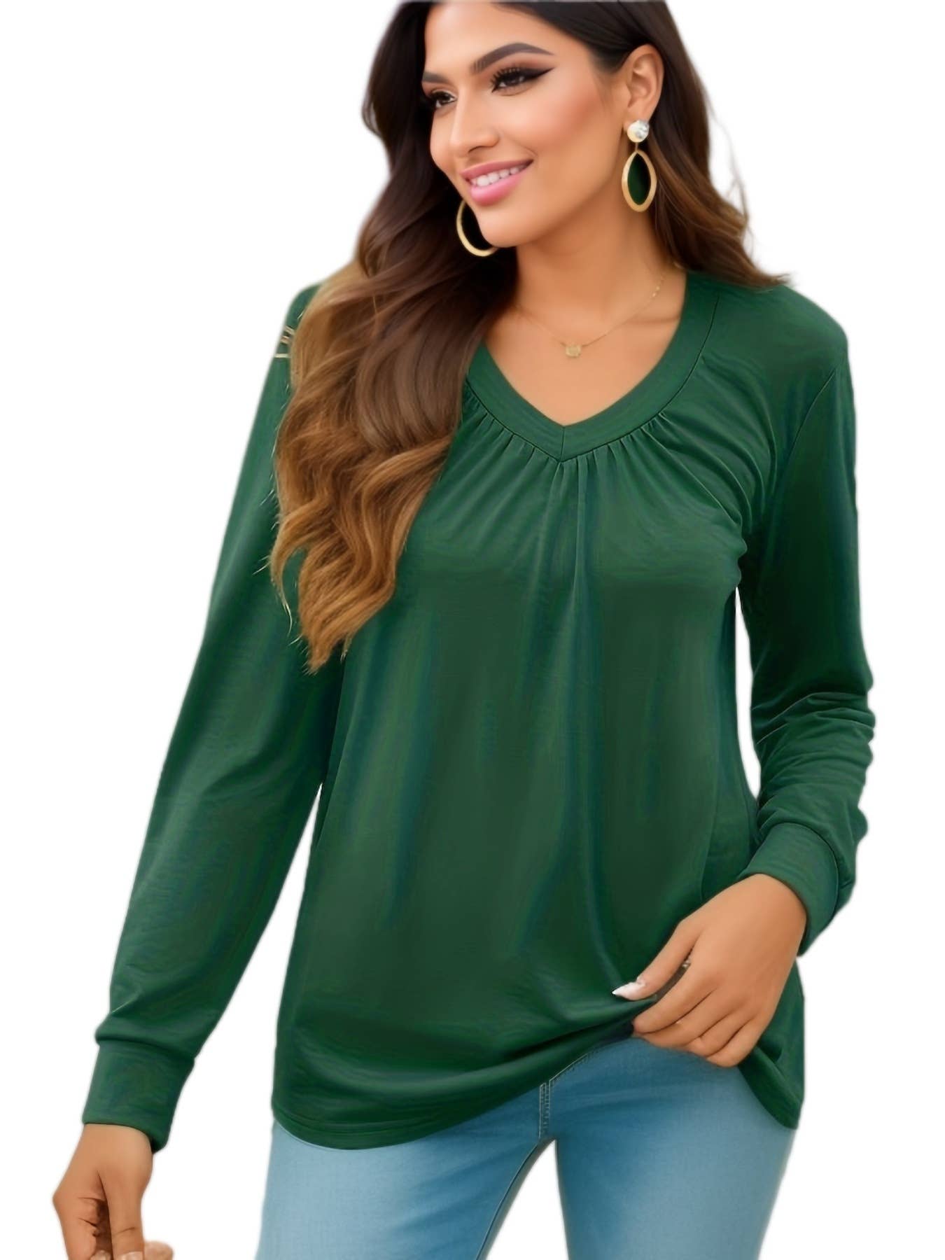 SOLID COLOR PLEATED V-NECK LOOSE T-SHIRT