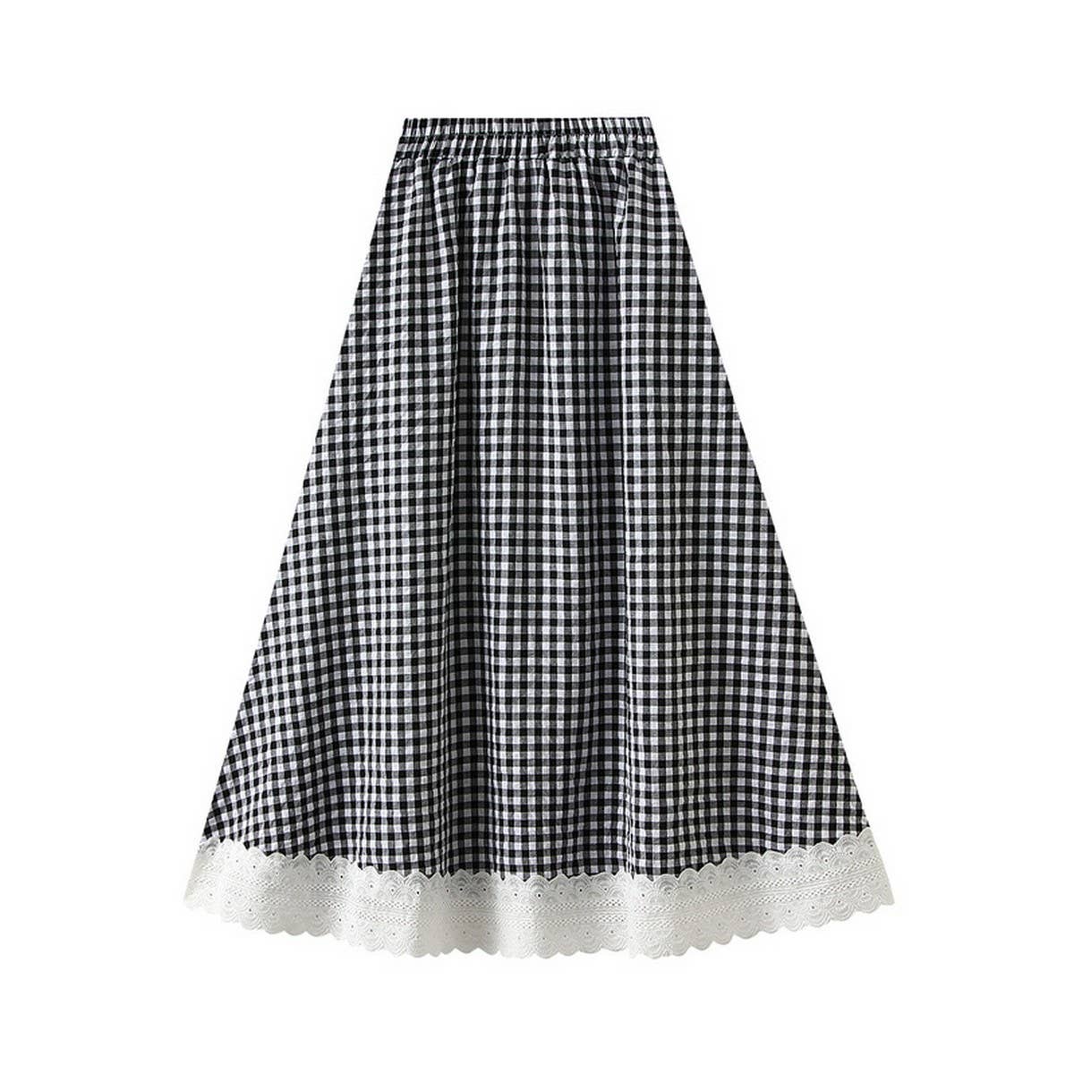 Lace Trim Plaid High-Waist A-Line Midi Skirt