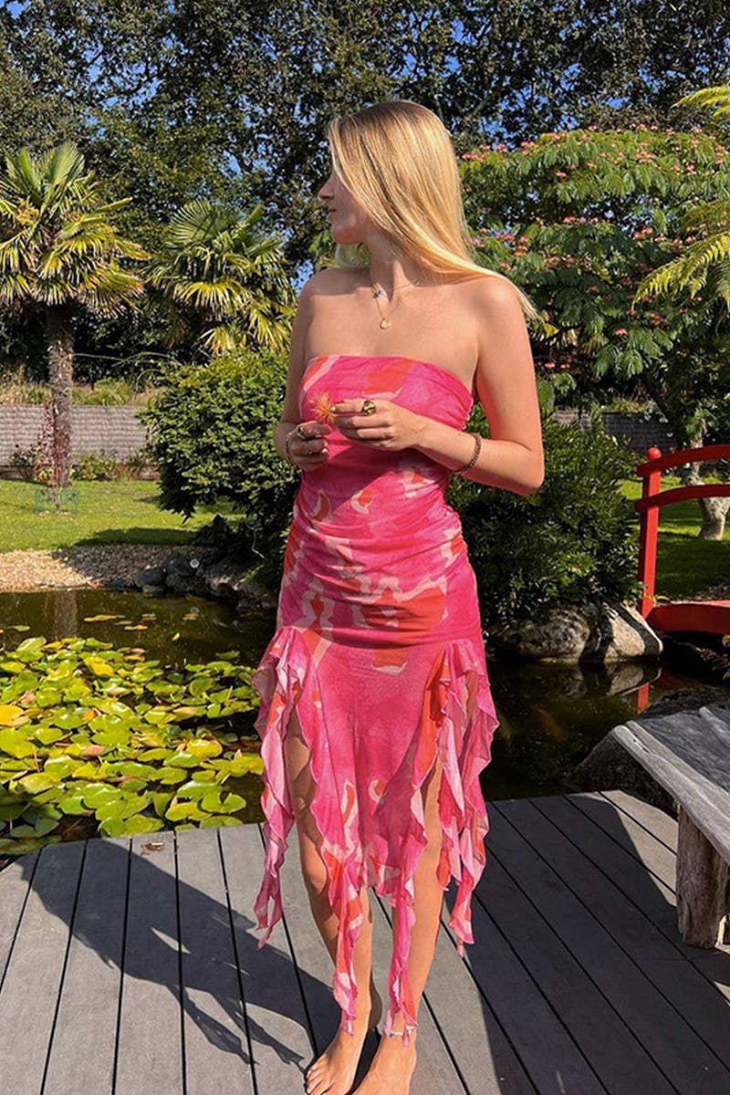 CWDTD0436_FLORAL MESH STRAPLESS RUFFLE VACATION MINI DRESS