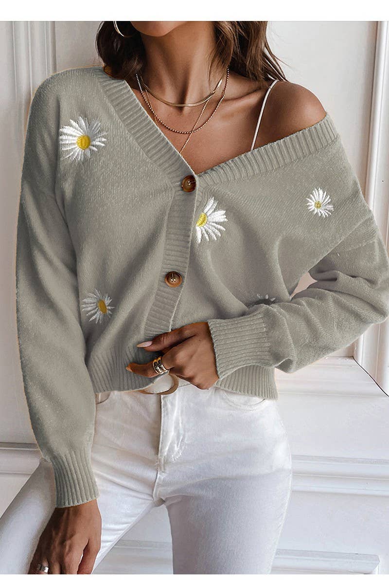 CWOCAL0762_CHRYSANTHEMUM EMBROIDERY V-NECK CARDIGAN