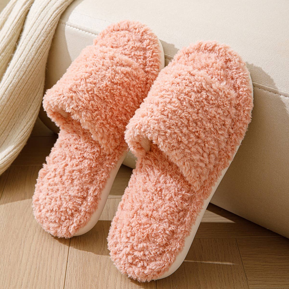 HOME SOLID COLOR CURLY COTTON SLIPPERS