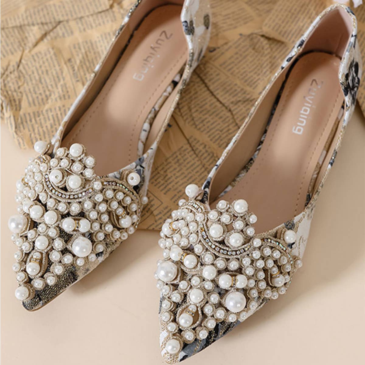 FAUX PEARL FLORAL PRINT DECOR FLAT SHOES FOR WOMAN