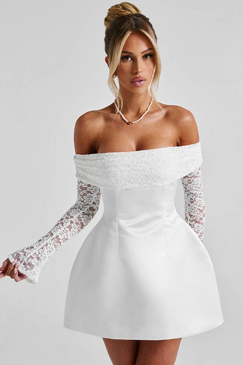 CWDTD0484_OFF SHOULDER LACE PATCHWORK A-LINE DRESS