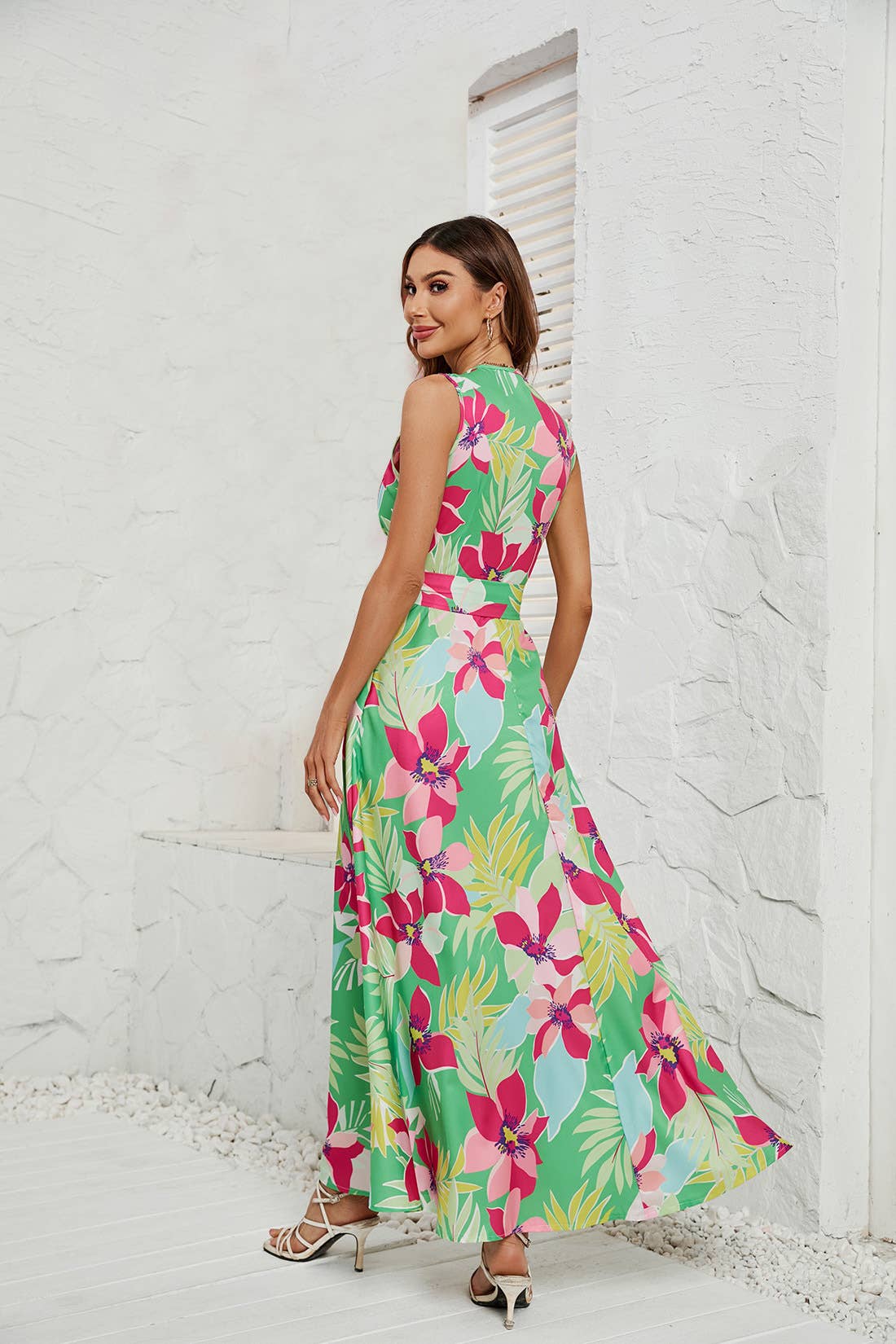 Printed lace-up dress with slit