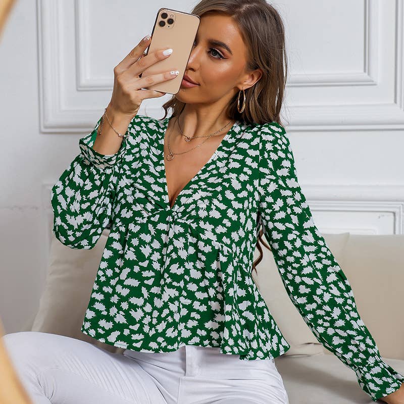 STYLISH LOOSE PRINTED V-NECK PULLOVER TOP