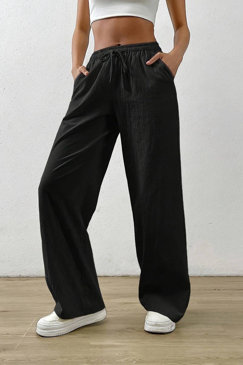 CWBLP2092_SOLID COLOR DRAWSTRING WAIST WIDE LEG PANTS