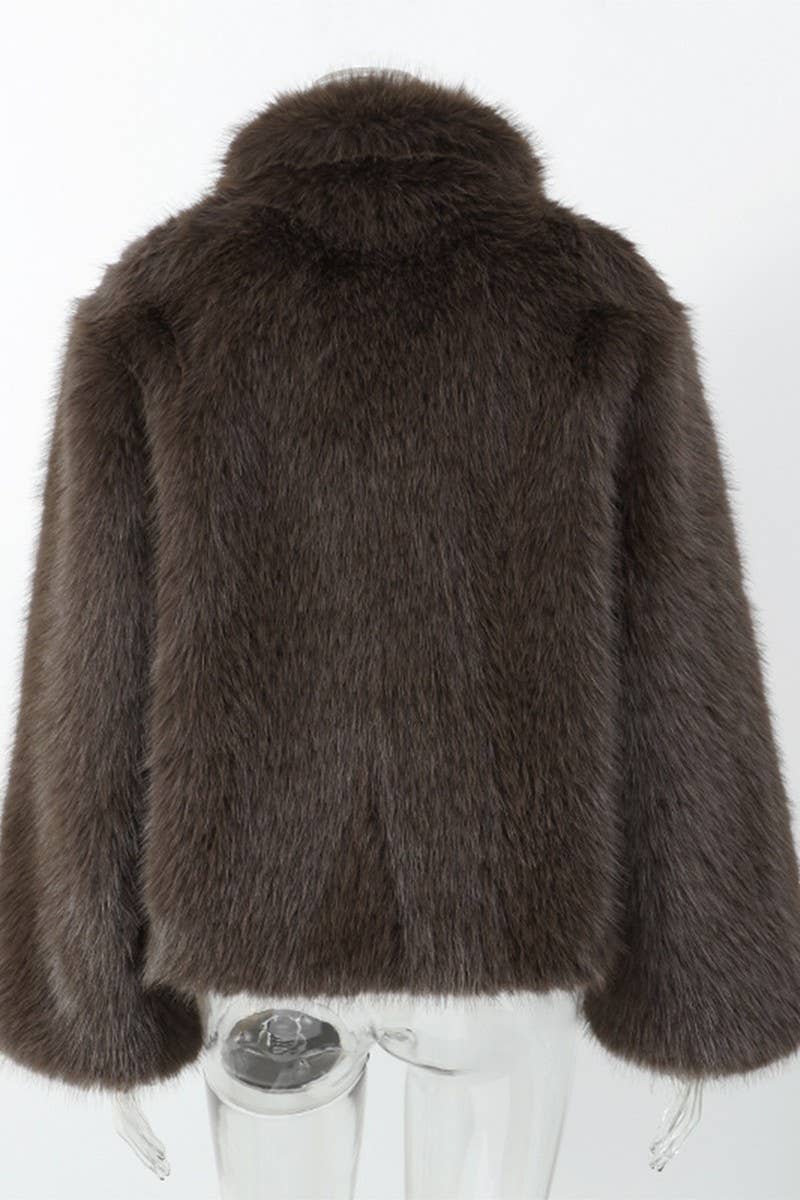 CWOCO0966_BROWN LAPEL PLUSH LOOSE FUR COAT