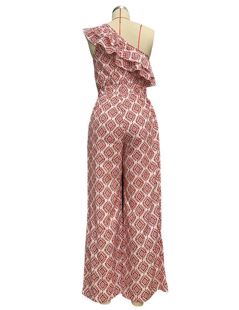 SLANT SHOULDER SLEEVELESS LONG PRINTED JUMPSUIT