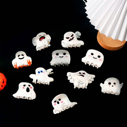 CWAHA1613_HALLOWEEN WHITE GHOST CARTOON EMOJI HAIR CLAW CLIP