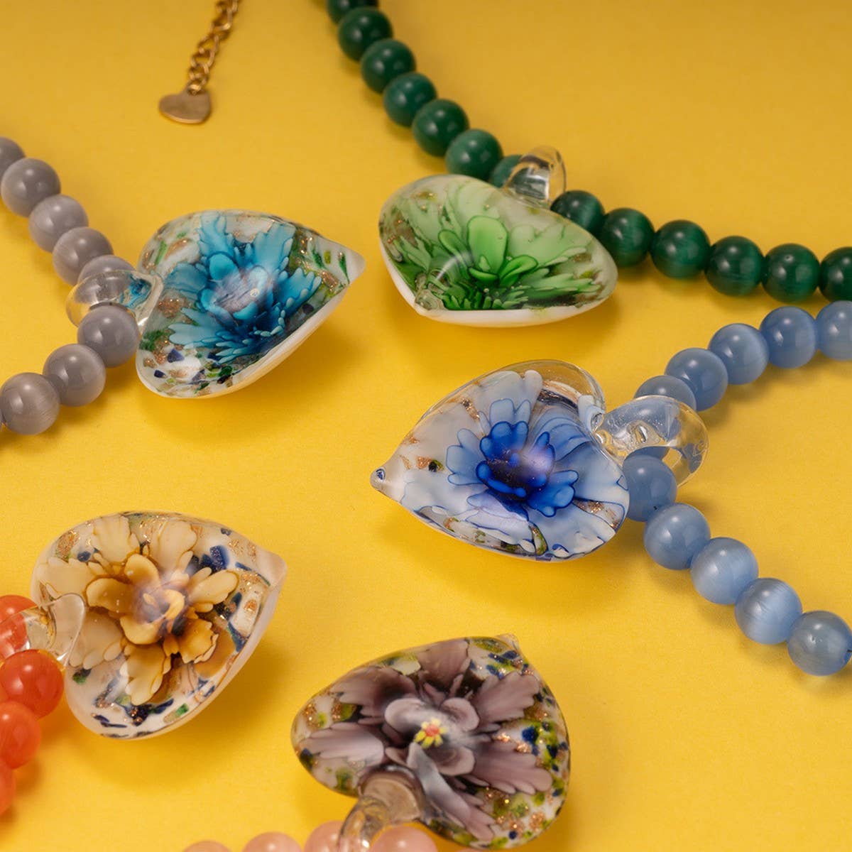 Cat??¢s Eye Glass Heart Flower Pendant Necklace_CWMM7536