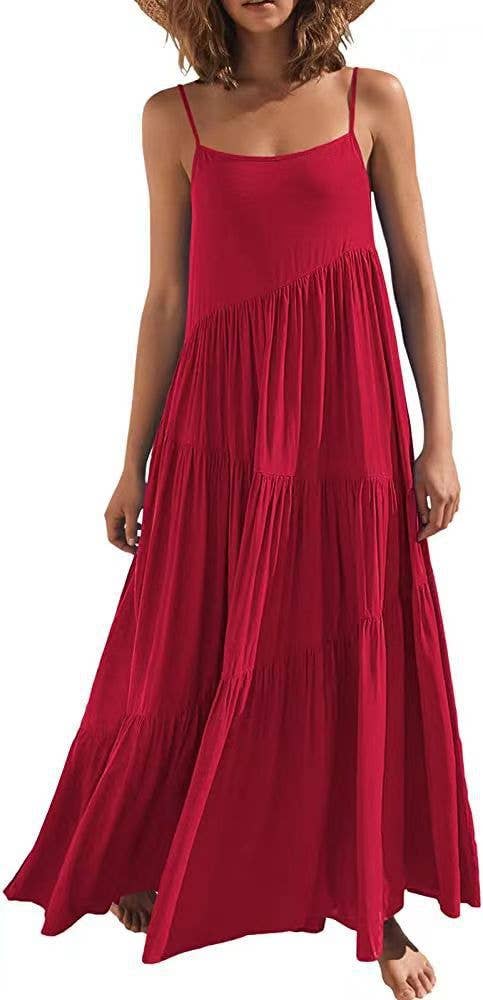Pleated loose solid-color long beach halter dress