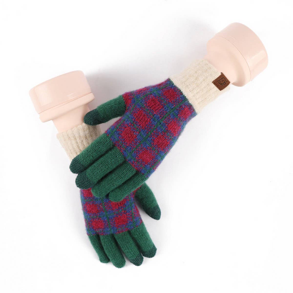 KNITTED FLEECE PLAID TOUCH SCREEN WARM GLOVES_CWAG0371