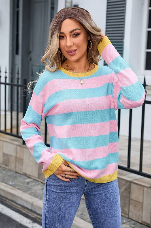 Cwoswl3111_Striped Contrast Long-Sleeved Knitted Pullover