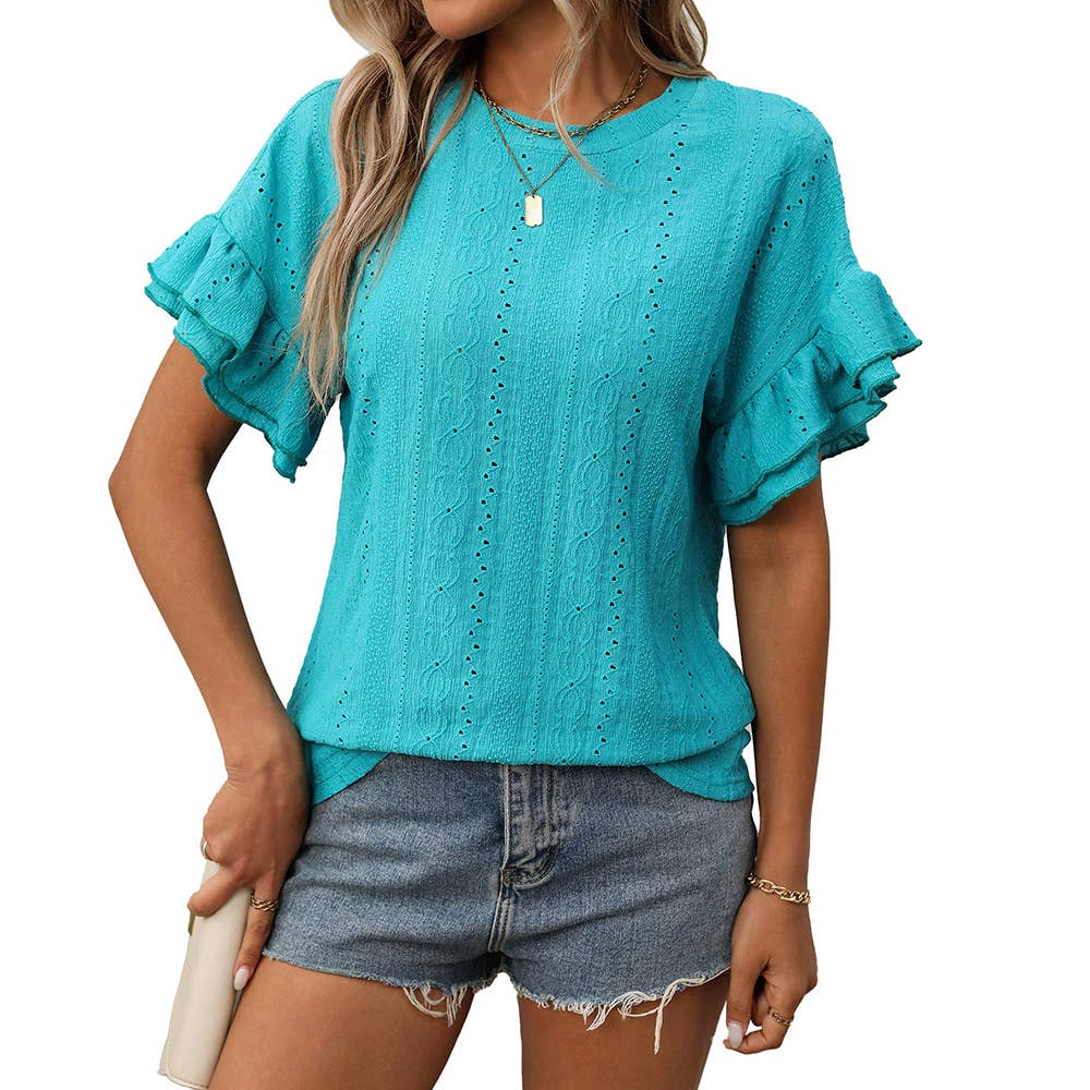 Solid color round neck Top with lotus sleeves