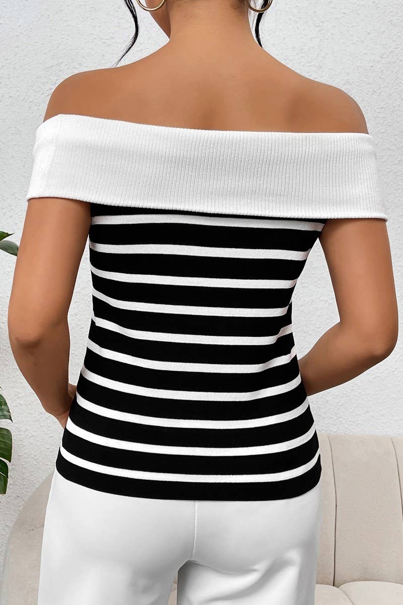 STRIPED OFF THE SHOULDER LINE NECK SWEATER_CWOSWS0056