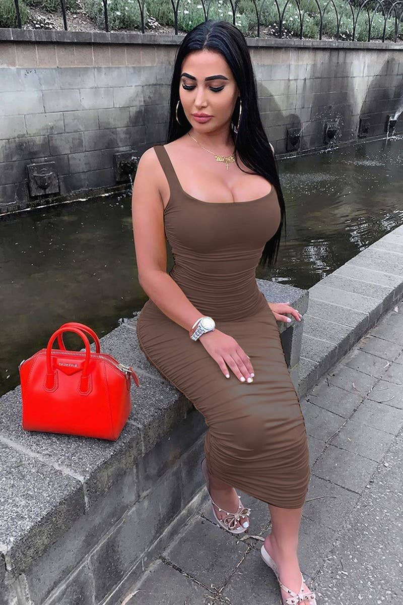 CWDMD4908_BODYCON HALTERNECK SLEEVELESS SHIRRED DRESS