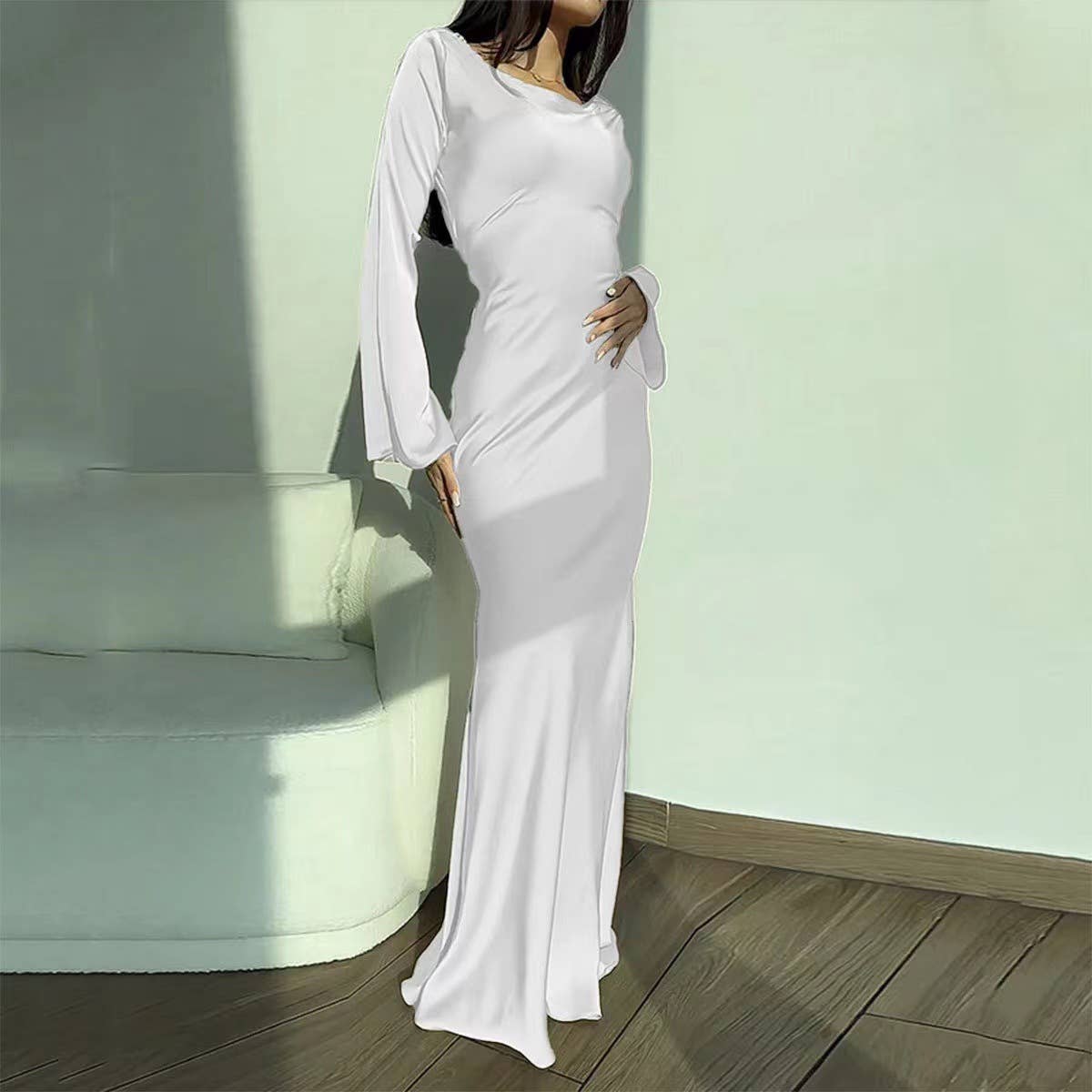 Round neck flared sleeve long temperament dress