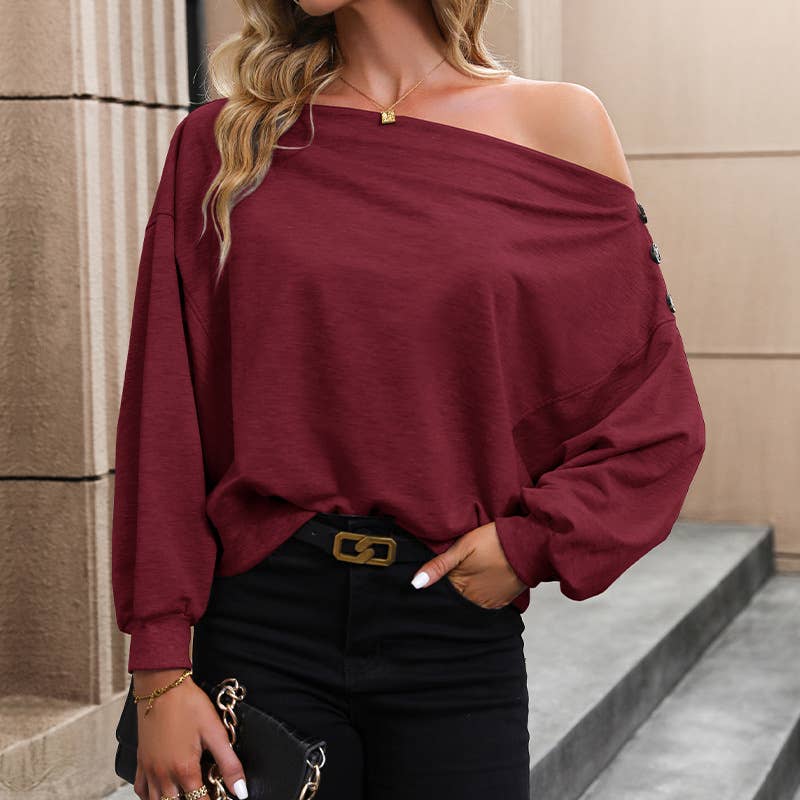 SOLID COLOR LINE NECK OFF-THE-SHOULDER HOODIE