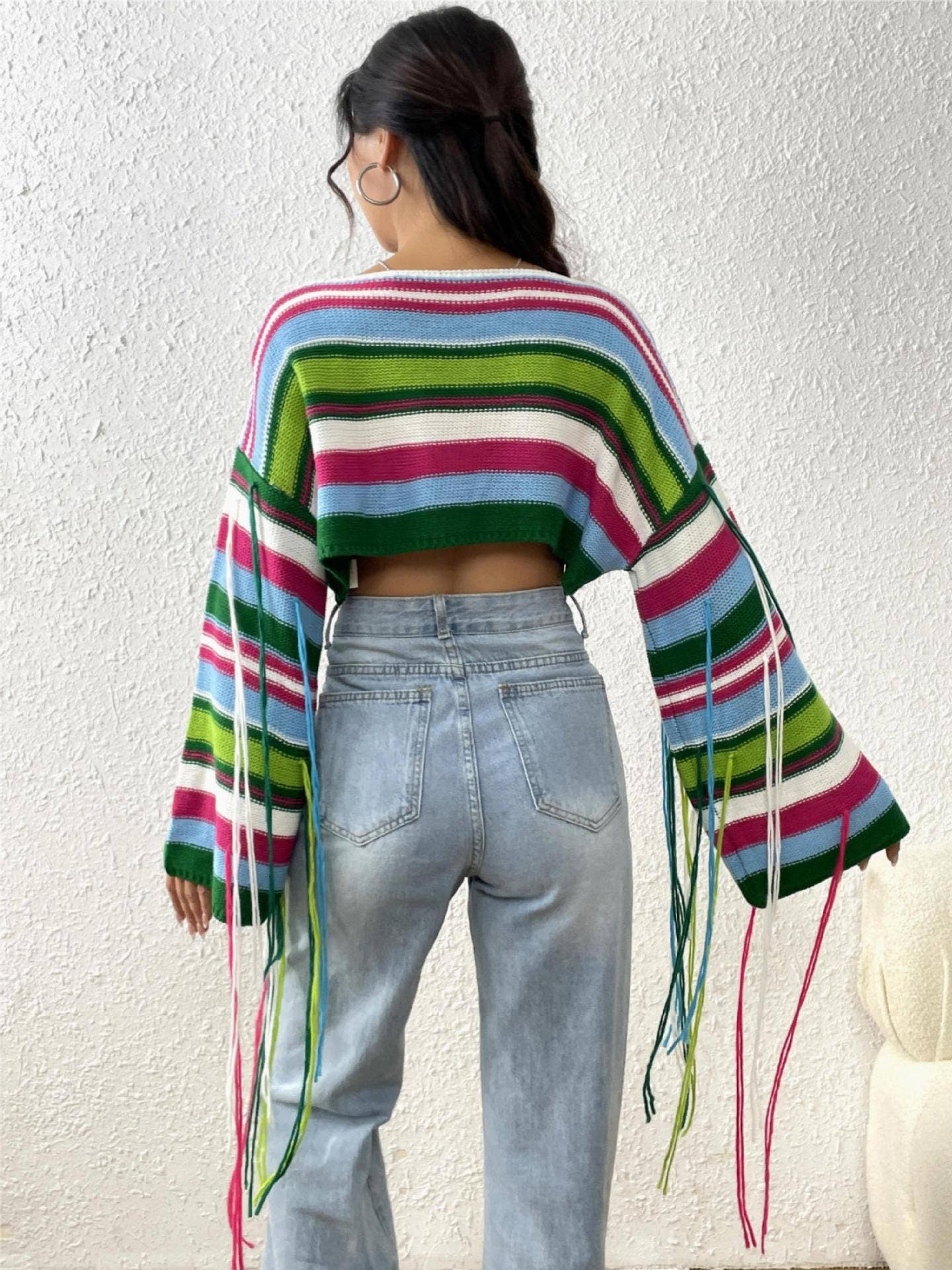 Striped Expose waist knit sweater with fringes
