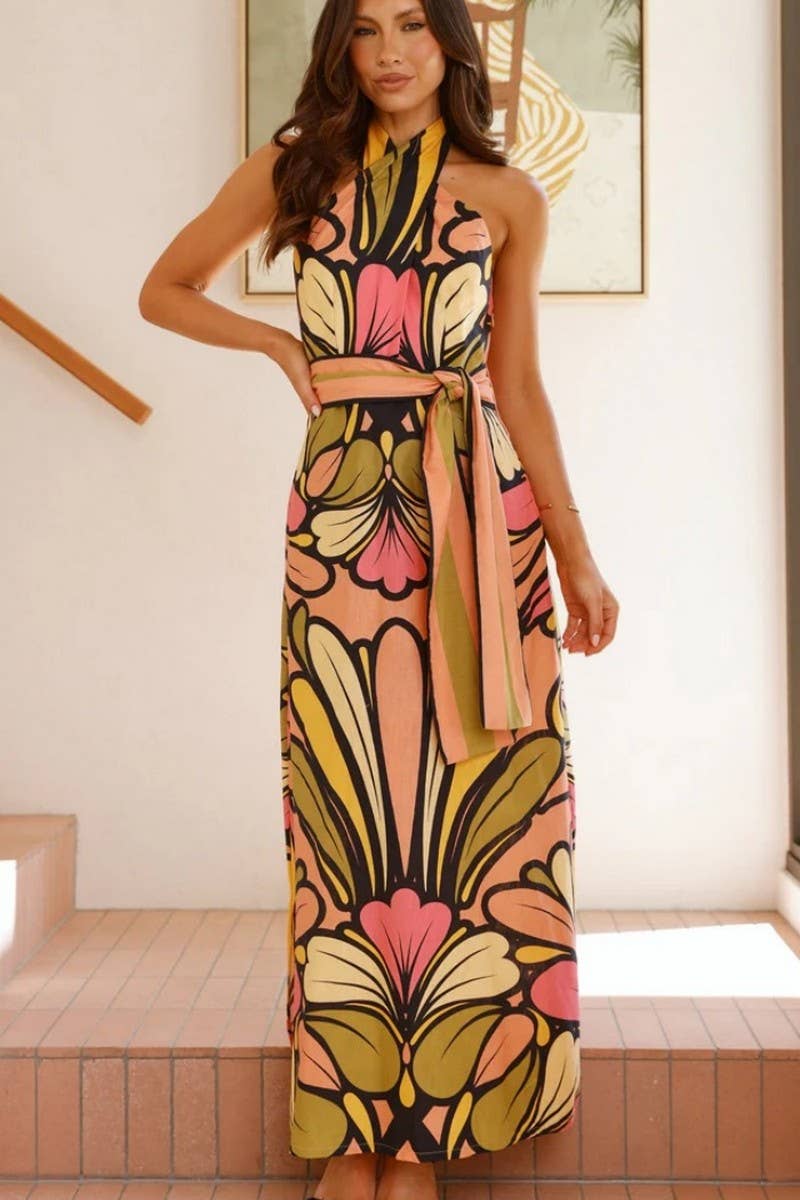 CWDHL1000_SUMMER HALTER NECK BELT WAIST RESORT LONG DRESS