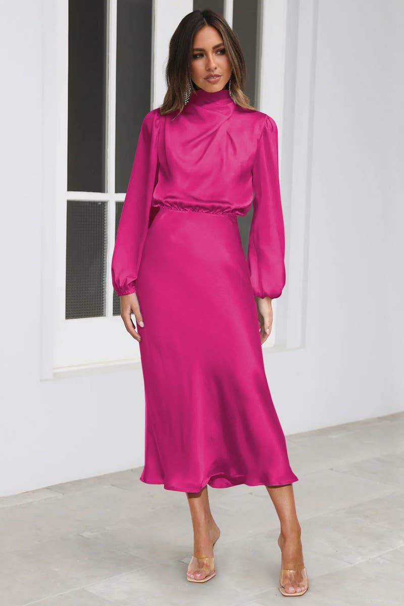 SOLID COLOR SATIN LONG SLEEVED LOOSE DRESS_CWDMD1311