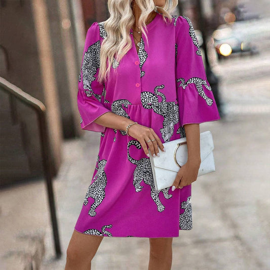 Leopard print button flared sleeve dress