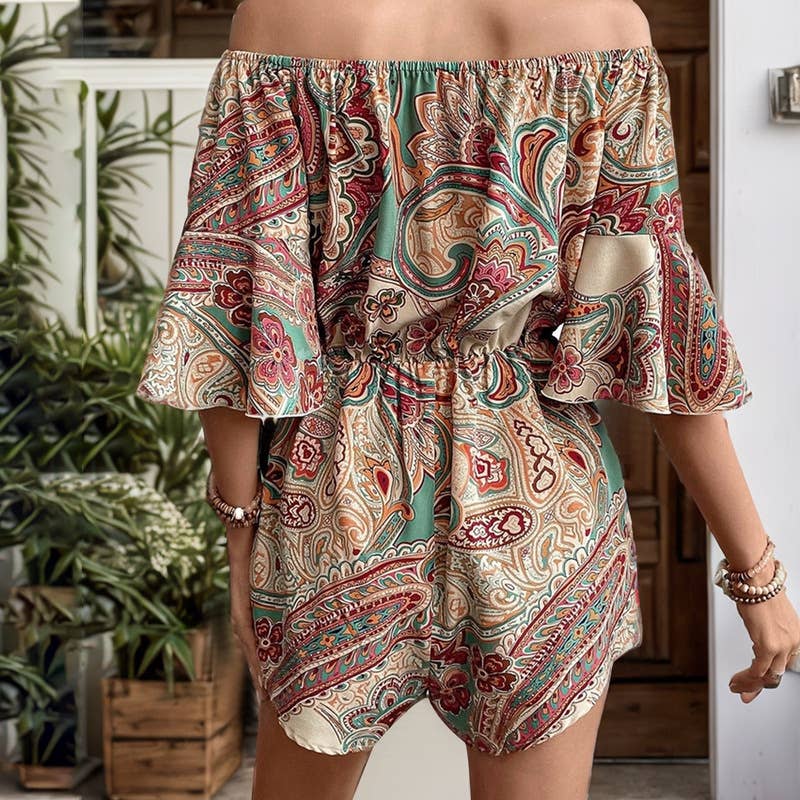 ETHNIC STYLE PRINTED ONE-LINE COLLAR JUMPSUIT