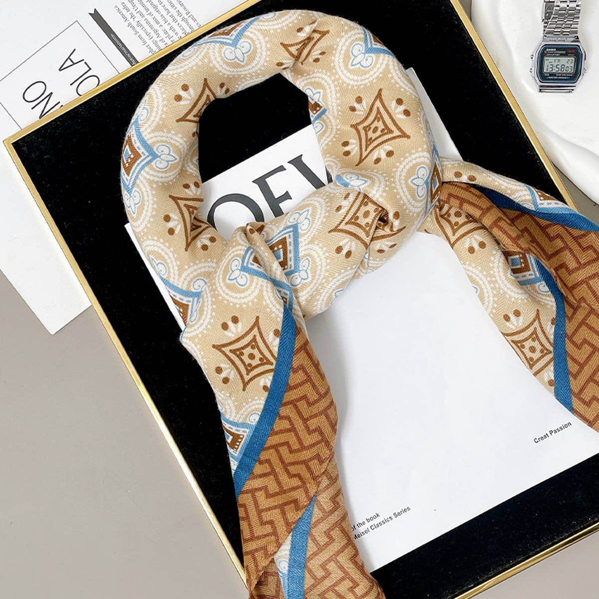 Vintage Print Scarf - Velvet Wool Blend Shawl