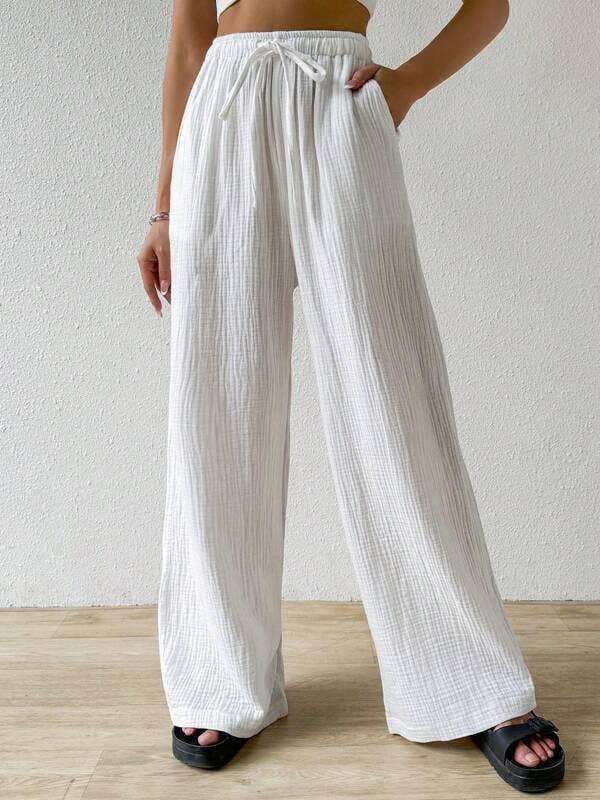 Elastic waist casual solid color wide-leg pants