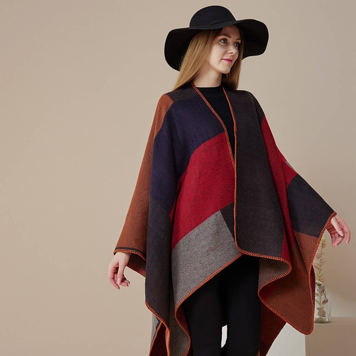 DOUBLE-SIDED PLAID FAUX CASHMERE SHAWL CAPE