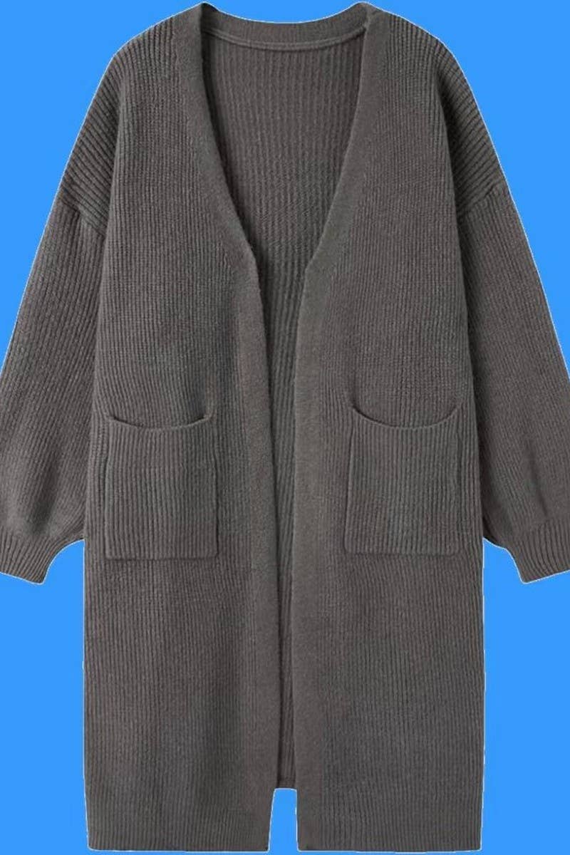WOCAL00833_SOLID COLOR POCKET CARDIGAN LONG SWEATER JACKET