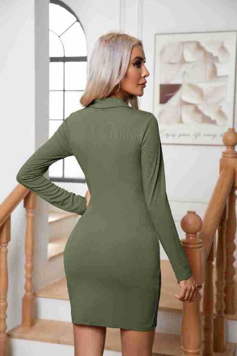 CWDSD7334_LAPEL LONG-SLEEVED RIBBED HIP DRESS