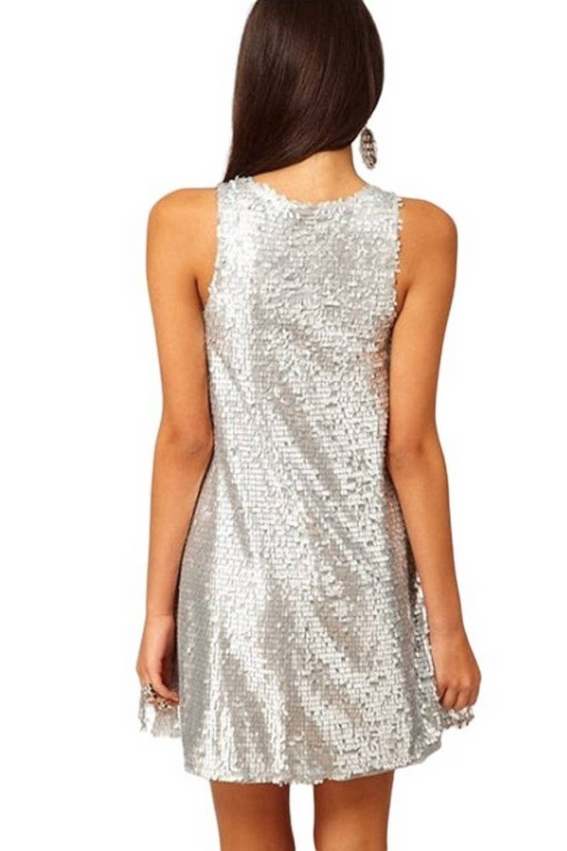 CWDSD6839_SILVER SEQUIN SLEEVELESS A-LINE SWING DRESS