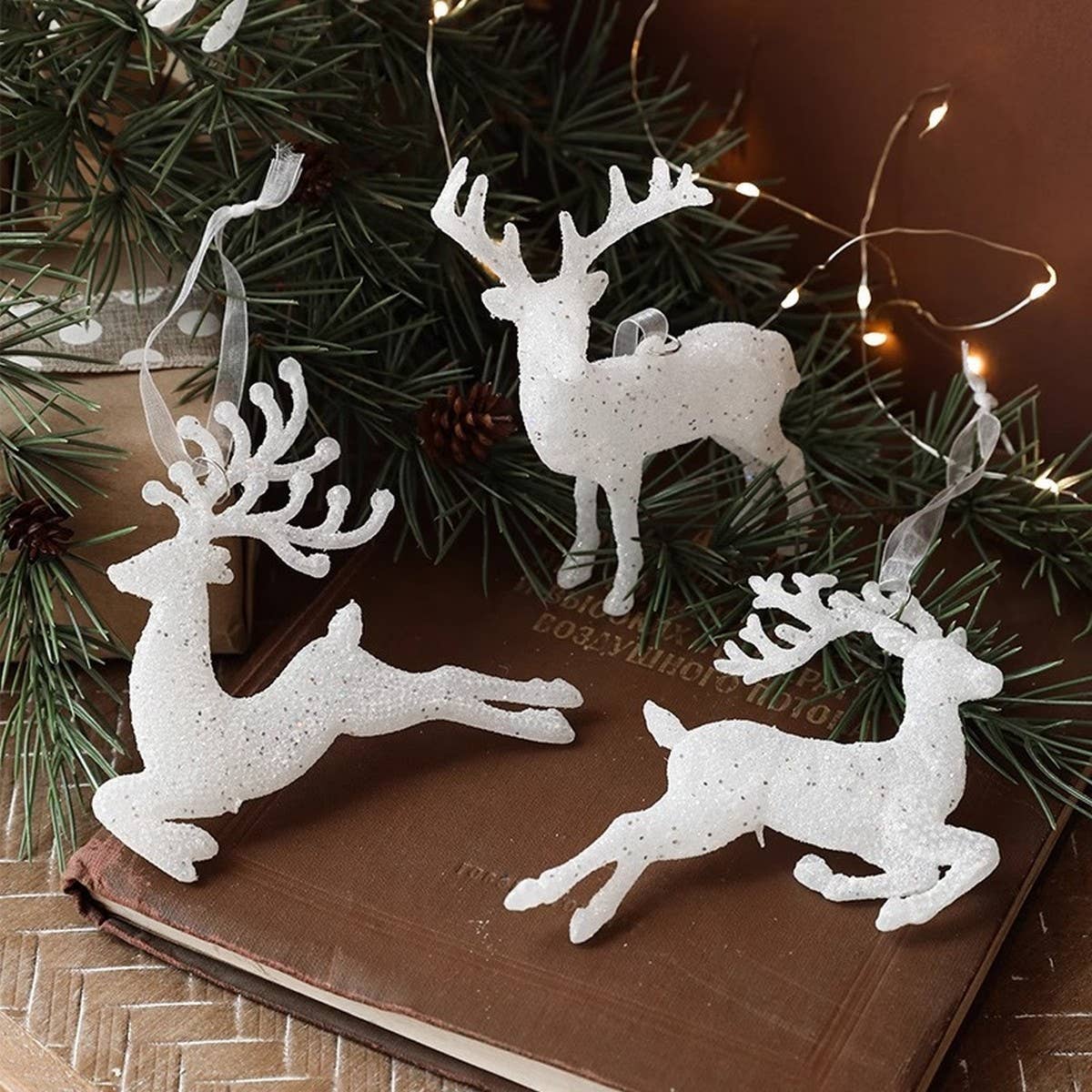 Plastic White Glitter Deer Xmas Tree Hanging Decor_CWMM9783