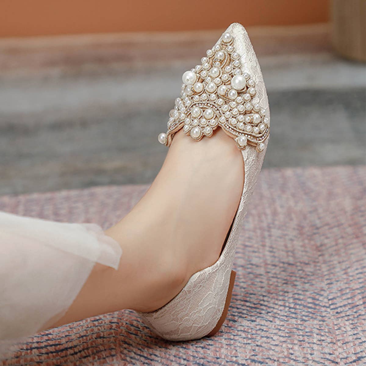 Lace Pearl Ballet Flats for Women, Bridal Style