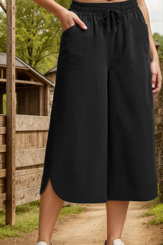 CWBLP2158_SOLID ELASTIC WAIST WIDE LEG CULOTTE PANTS