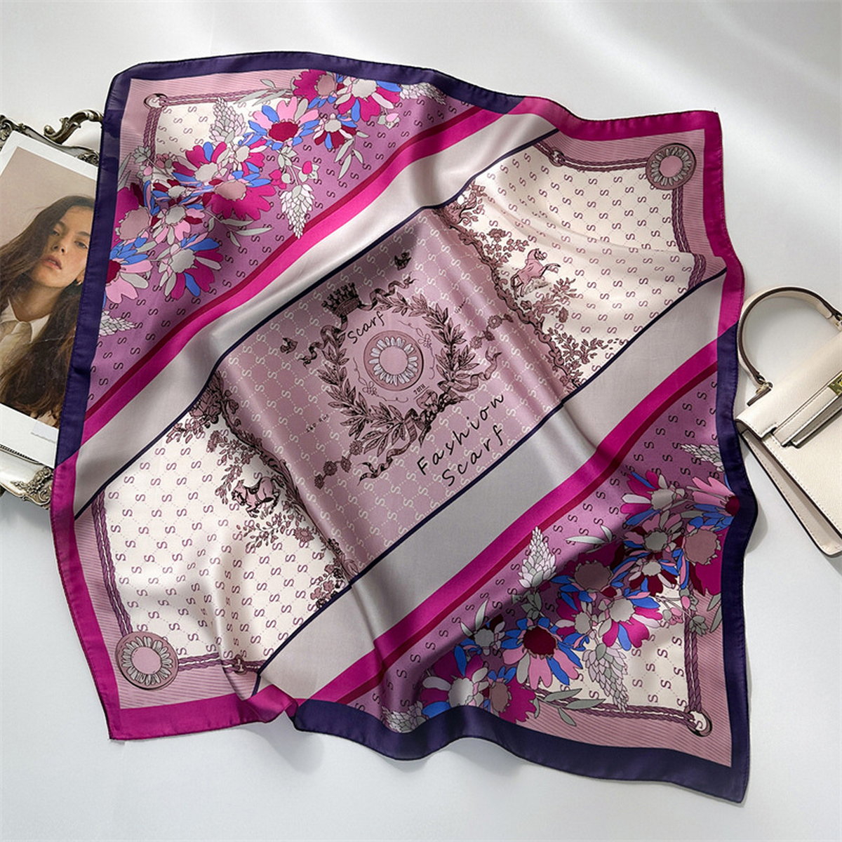 Lily Print Satin Square Scarf for Summer Sun