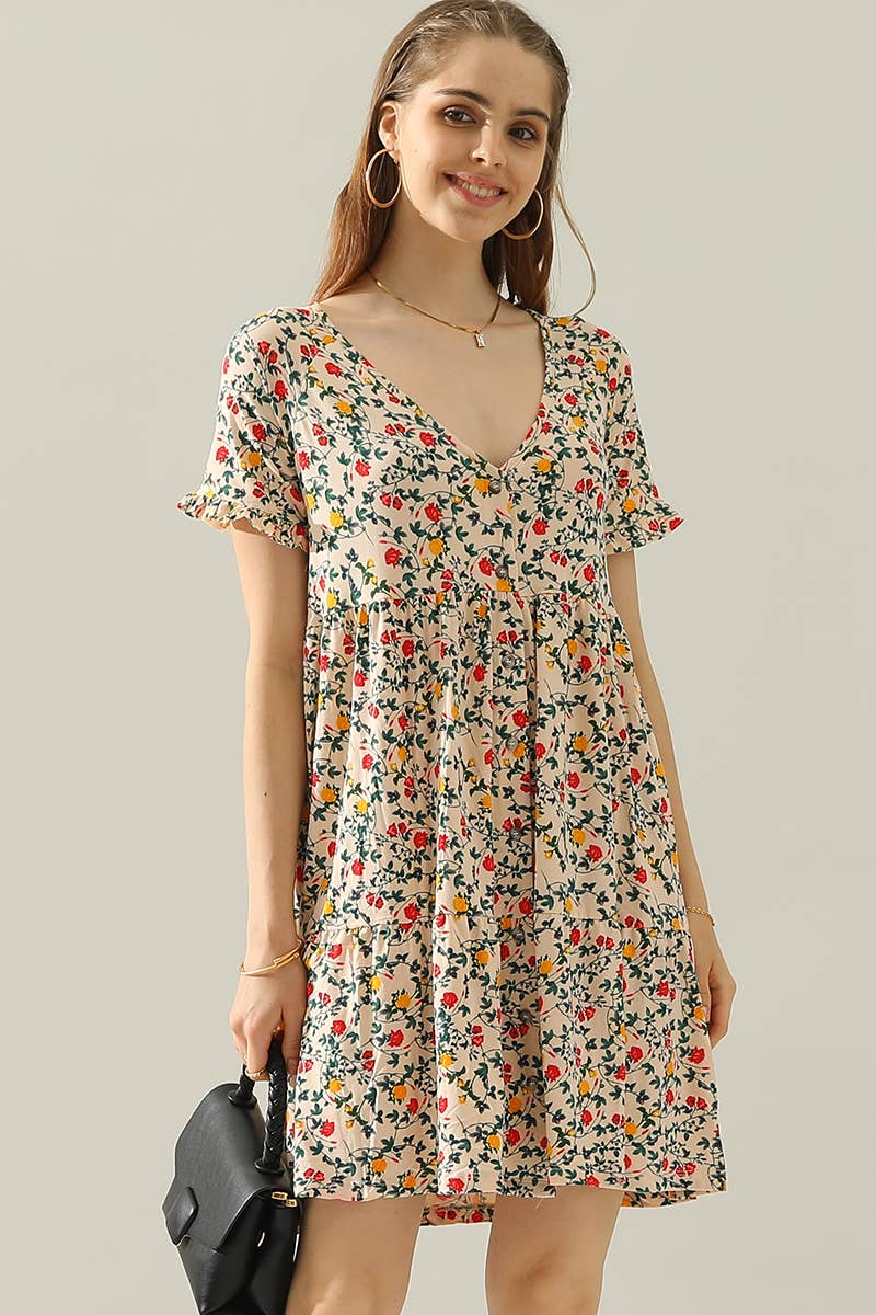 CWDSD10410_V NECK BUTTON DOWN WITH RUFFLE SLEEVE DRESS