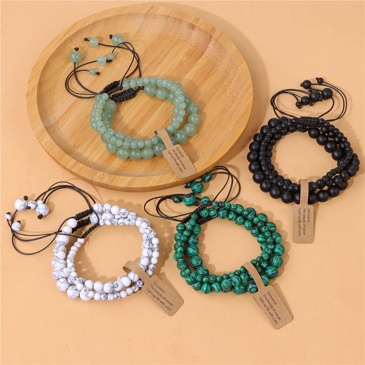 CWAJE4234_NATURAL STONE BEADS BRAIDED THREE-PIECE BRACELET