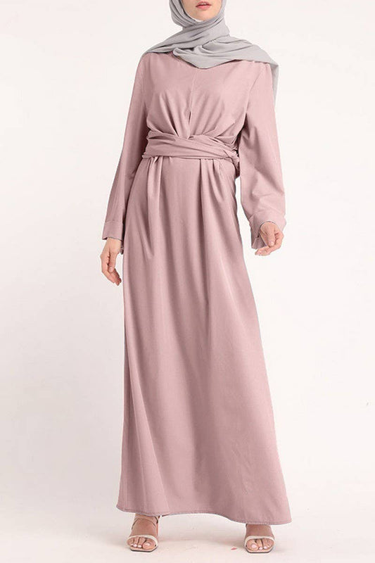 CWDMD3262_MUSLIM SOLID COLOR BELTED ROBE DRESS