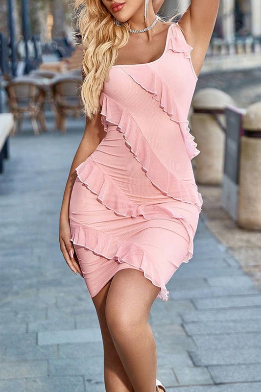 CWDSD4298_SEXY ONE-SHOULDER RUFFLED SKIRT SKIRT SHORT DRESS