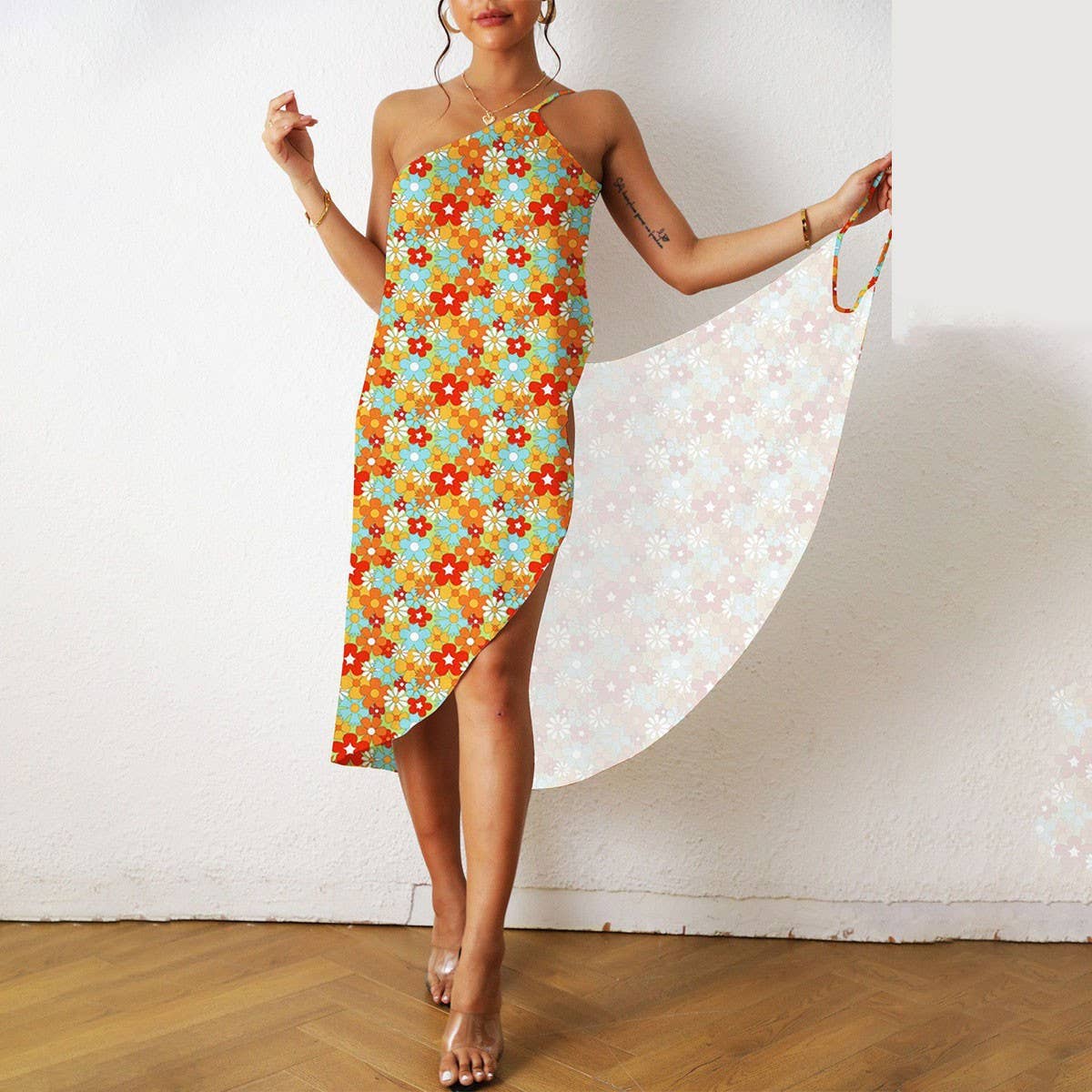 Floral Print One-Piece Beach Dress for Vacation