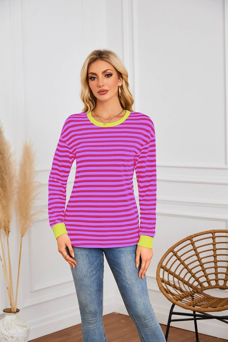 STRIPED CREW-NECK LONG-SLEEVED PULLOVER HOODIE