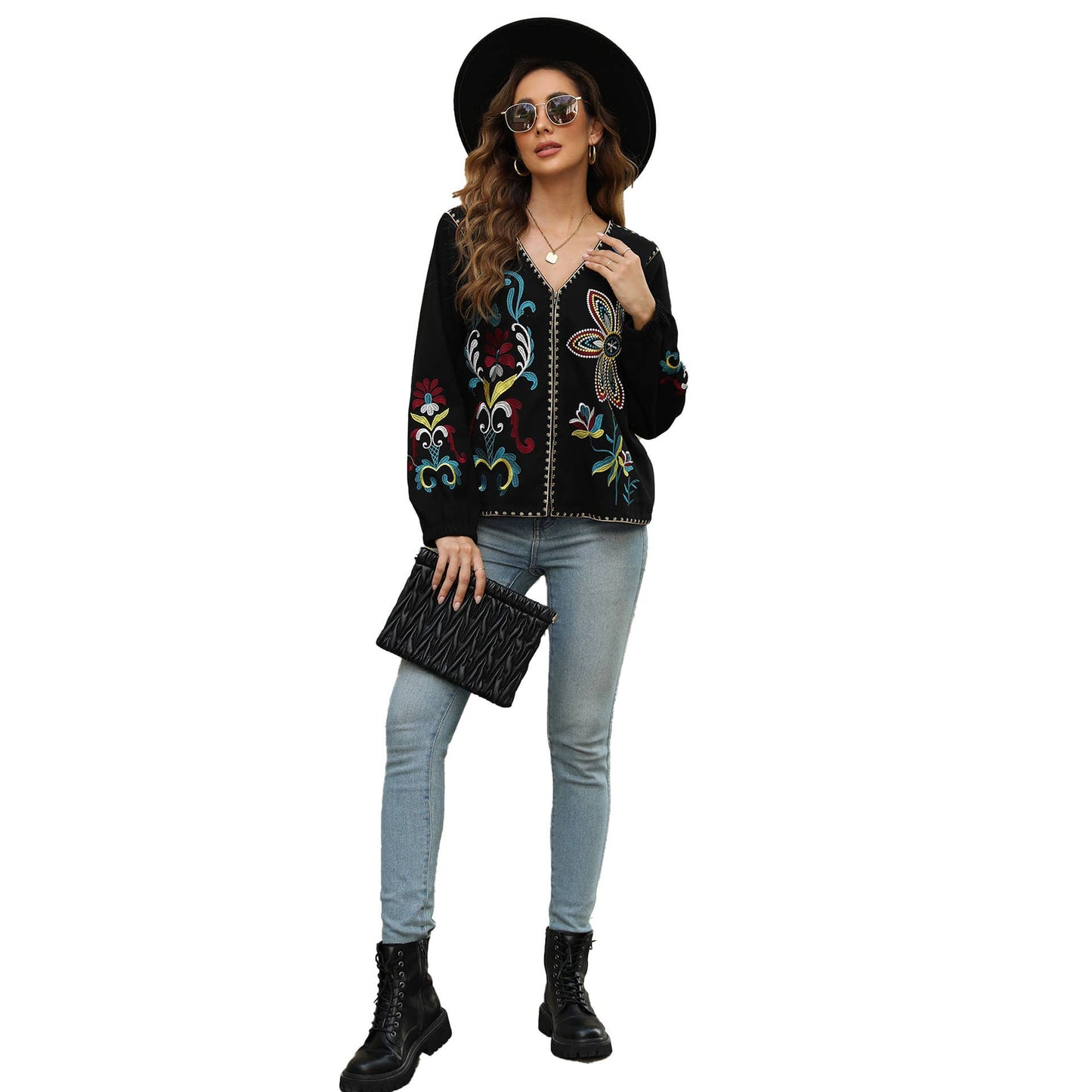 Ethnic-style embroidered V-neck zipper cardigan